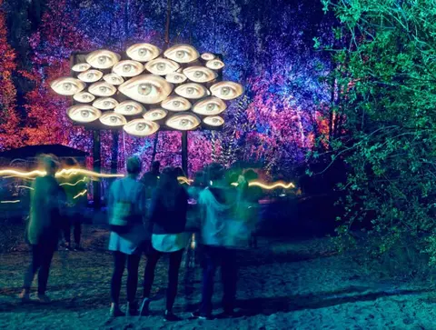 A crowd of people admire a large art installation featuring many illuminated eyes at a vibrant, colorful nighttime festival.