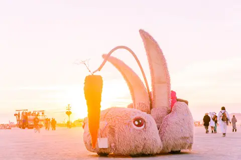 A whimsical plush bunny art installation with a giant carrot sits on the playa at sunrise.