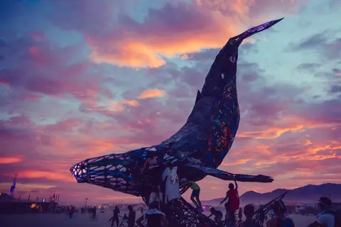 A large whale sculpture is illuminated against a vibrant sunset sky at a festival.